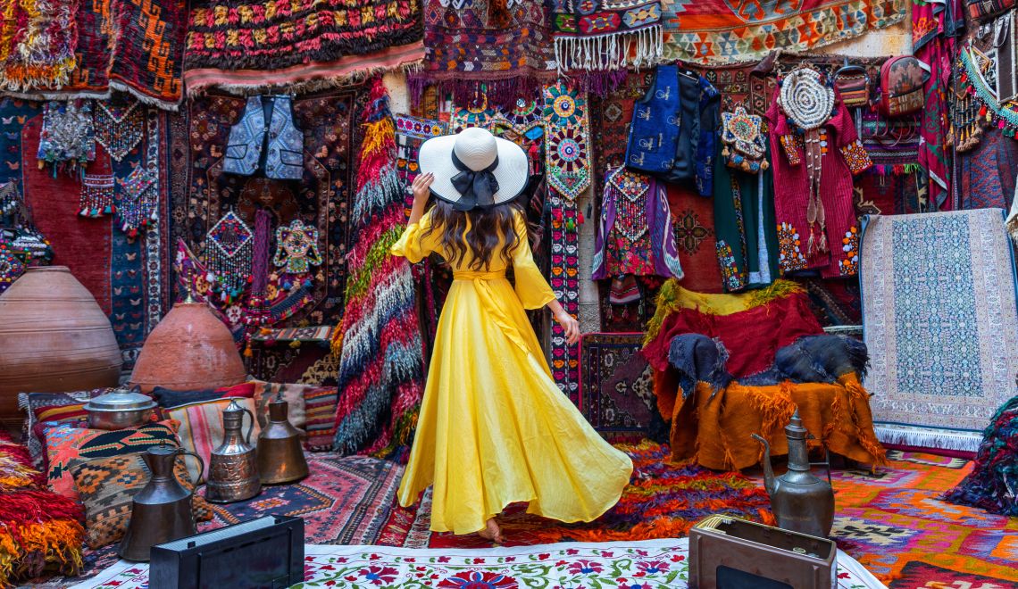 Beautiful girl at traditional carpet shop in Goreme city, Cappad