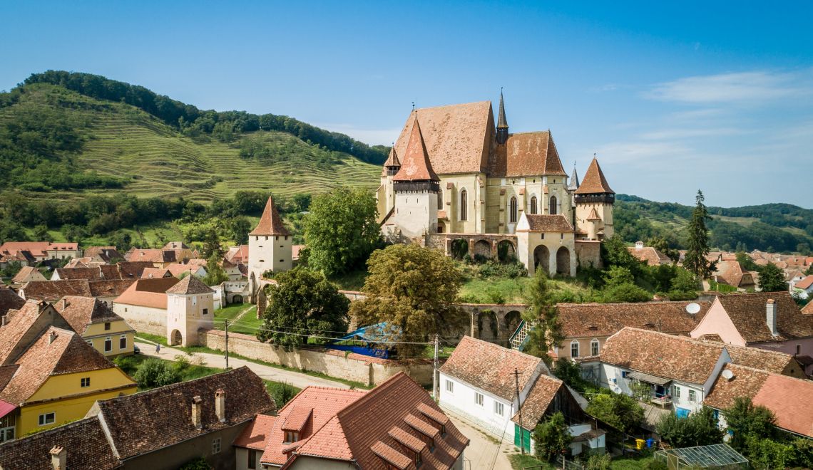 Aerial view of Biertan fortified church in Biertan village, Transylvania, Romania.