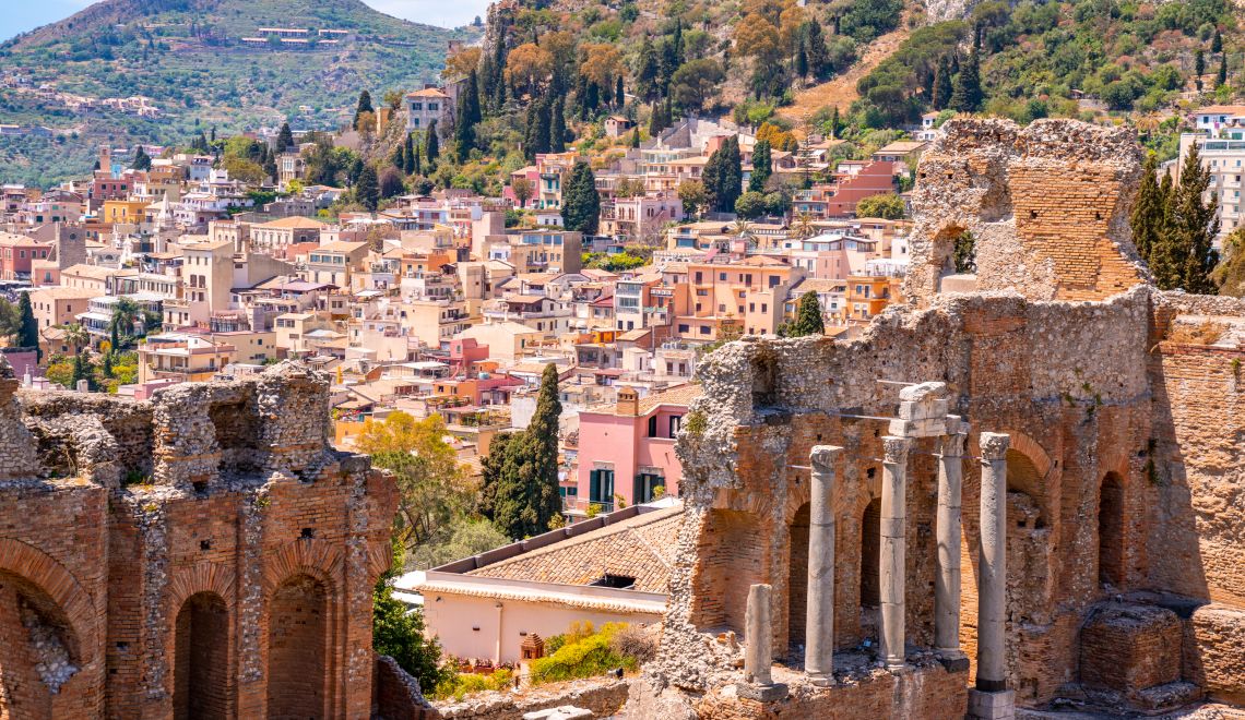 Aerial shot of Ancient Greek Theater Of Taormina