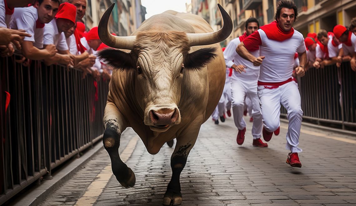 Runners in Encierro, Running of bulls in Pamplona, Spain. Bull running in Pamplona. Traditional San Fermin festival where participants run ahead of charging bulls through the streets to bullring